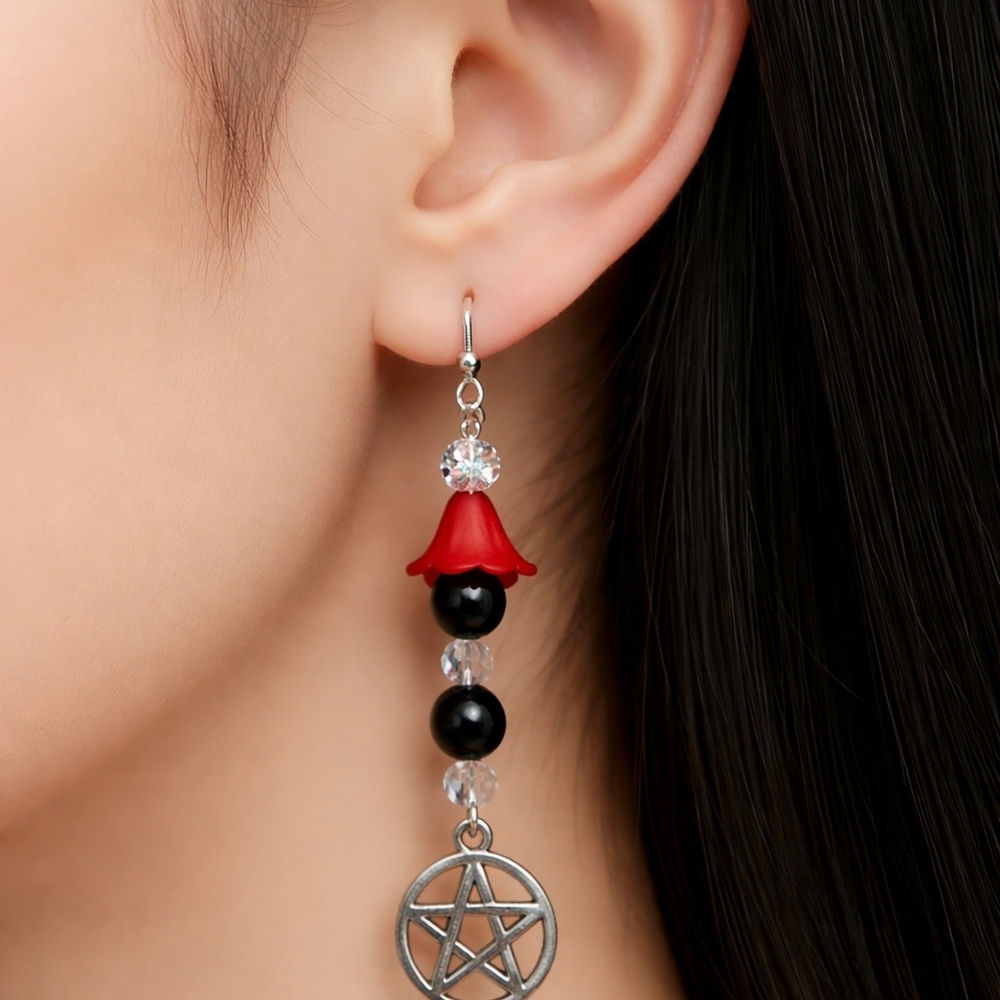 Gothic Witchy Red and Black Dangle Earrings With Pentagram Charm 925 Hypoallerge